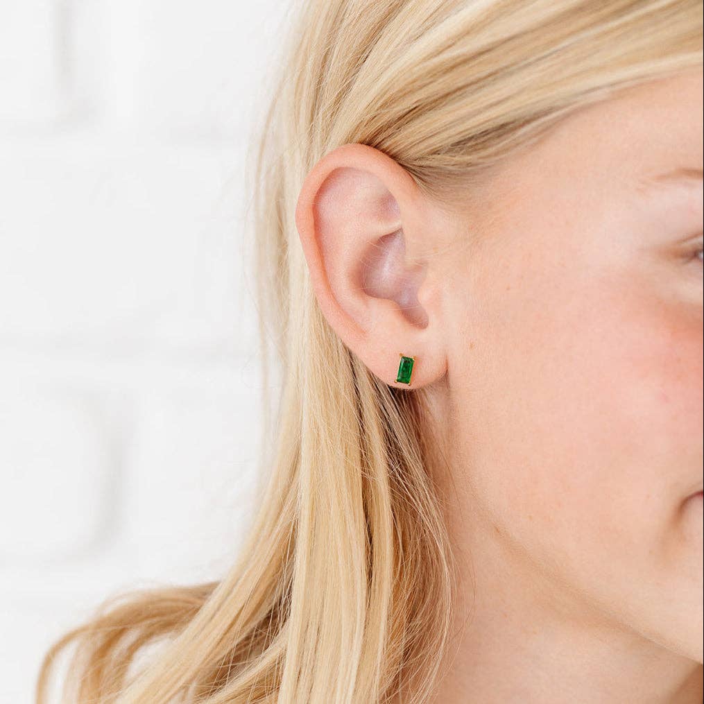 Emerald Baguette Stud Earrings - Hypoallergenic, Flat Back: Pair