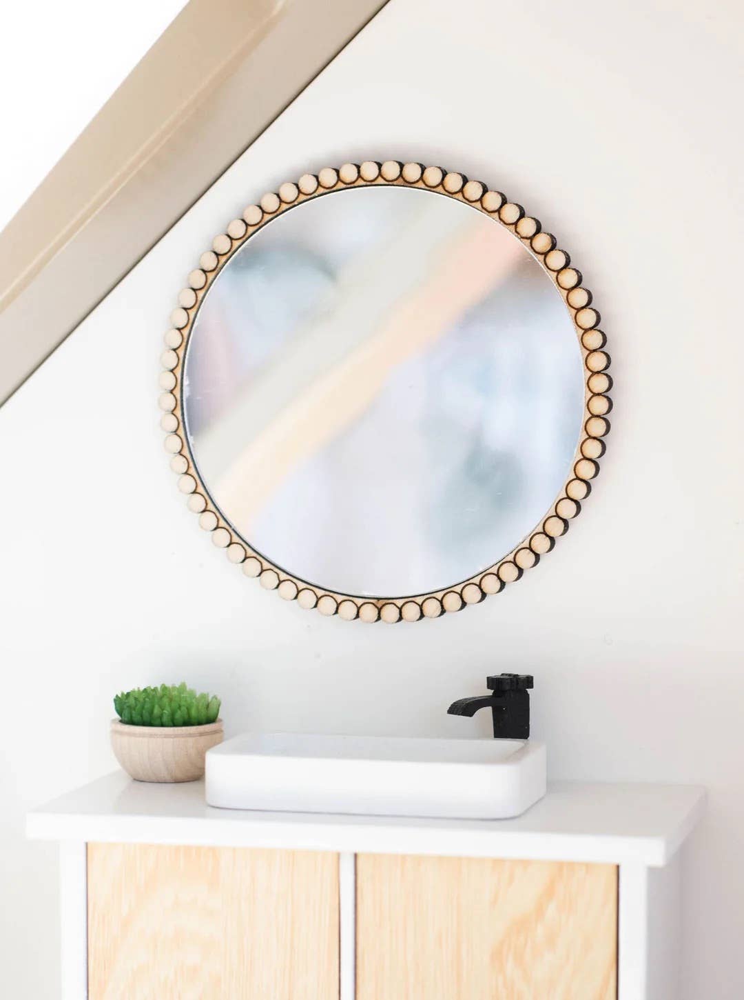 Dollhouse Round Beaded Mirror | Natural Wood