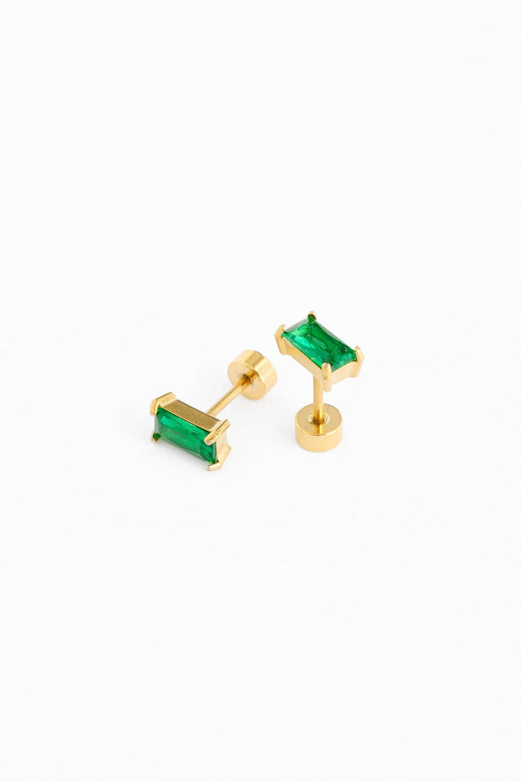 Emerald Baguette Stud Earrings - Hypoallergenic, Flat Back: Pair