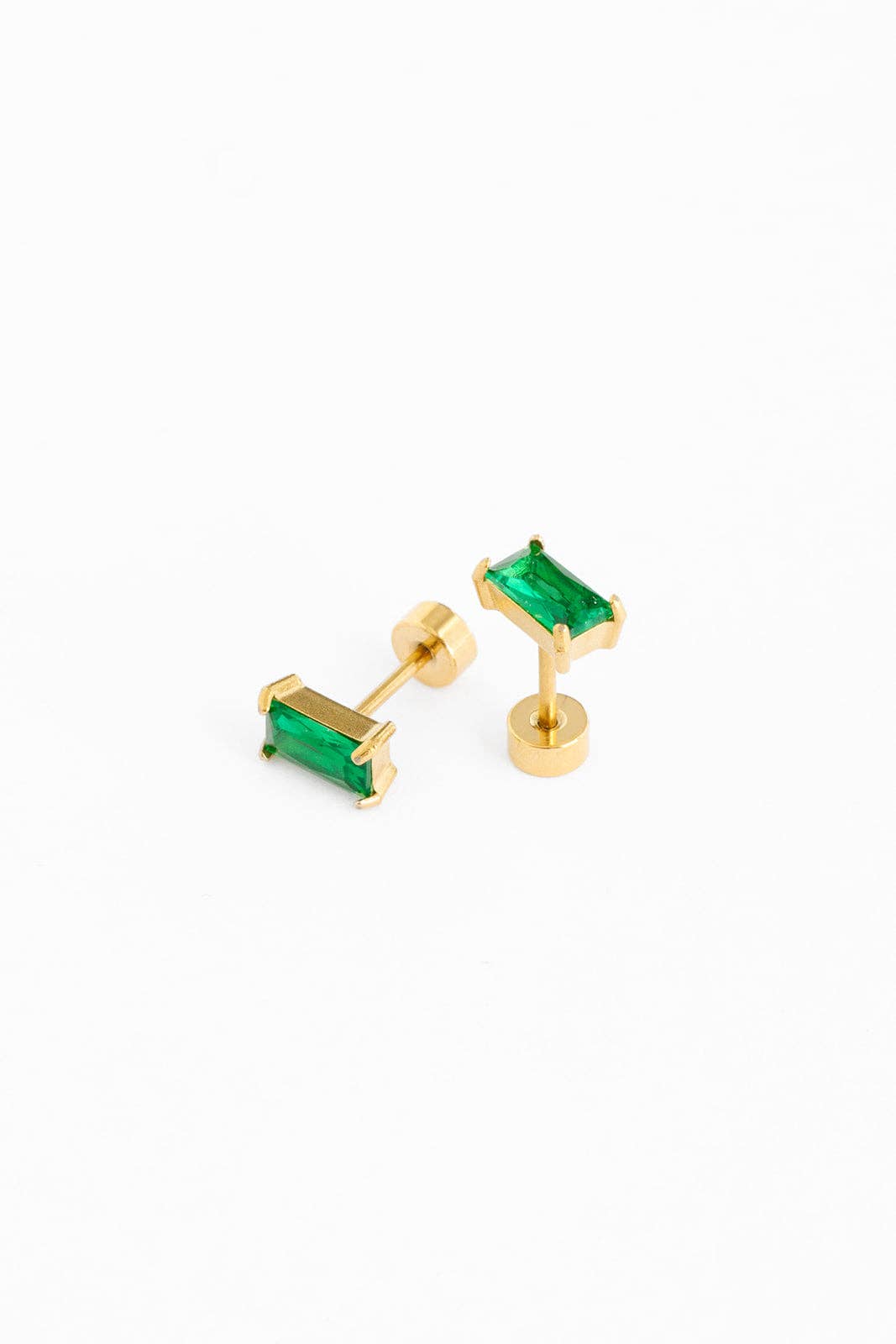 Emerald Baguette Stud Earrings - Hypoallergenic, Flat Back: Pair