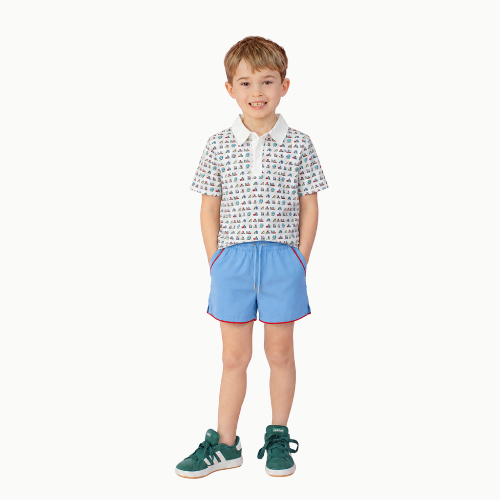 Boys Drawstring shorts in blue w/red trim