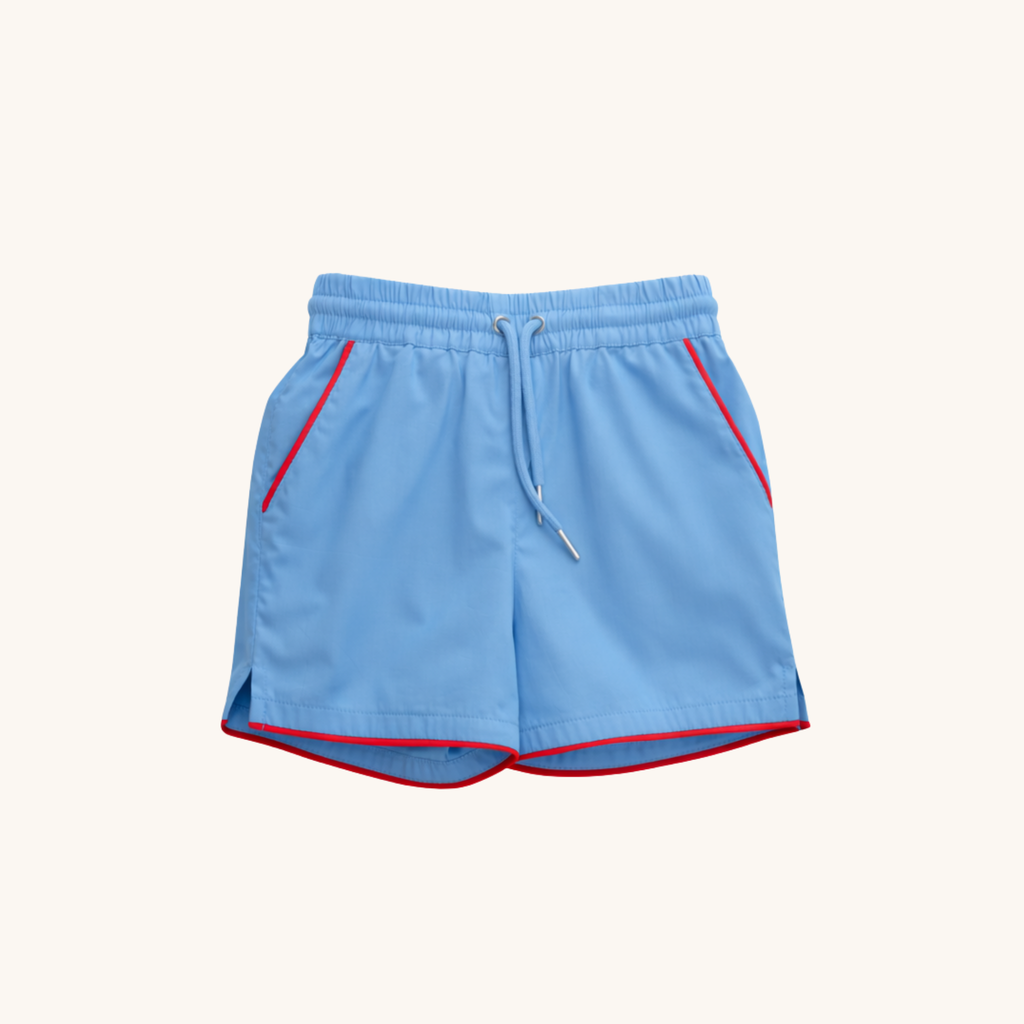 Boys Drawstring shorts in blue w/red trim