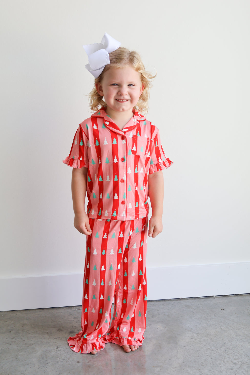 ruffle pajama pant set in red & pink tree stripes