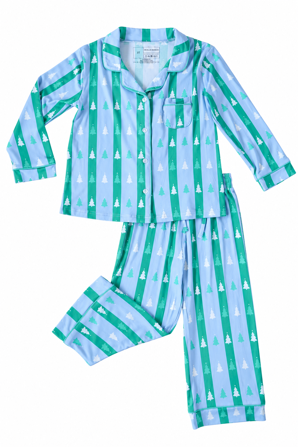 kevin pajama set in blue + green tree stripes