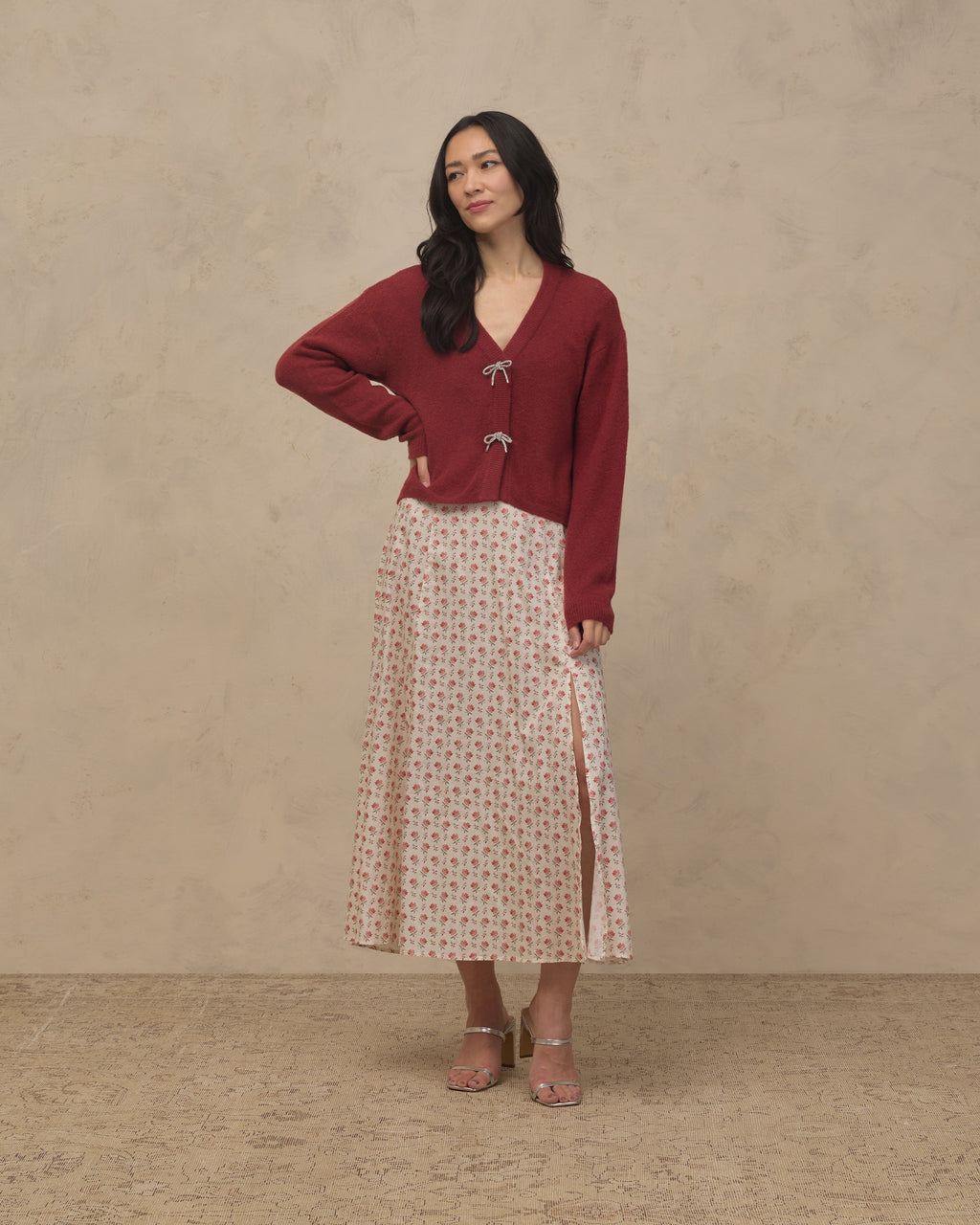 women's bow cardigan in ruby