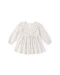 long sleeve ruffle V dress in blue ditsy