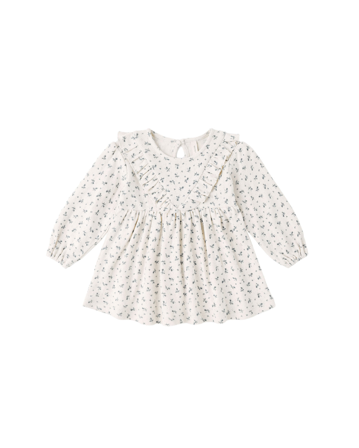 long sleeve ruffle V dress in blue ditsy
