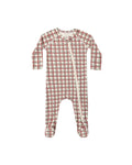 bamboo zip footie in redwood check