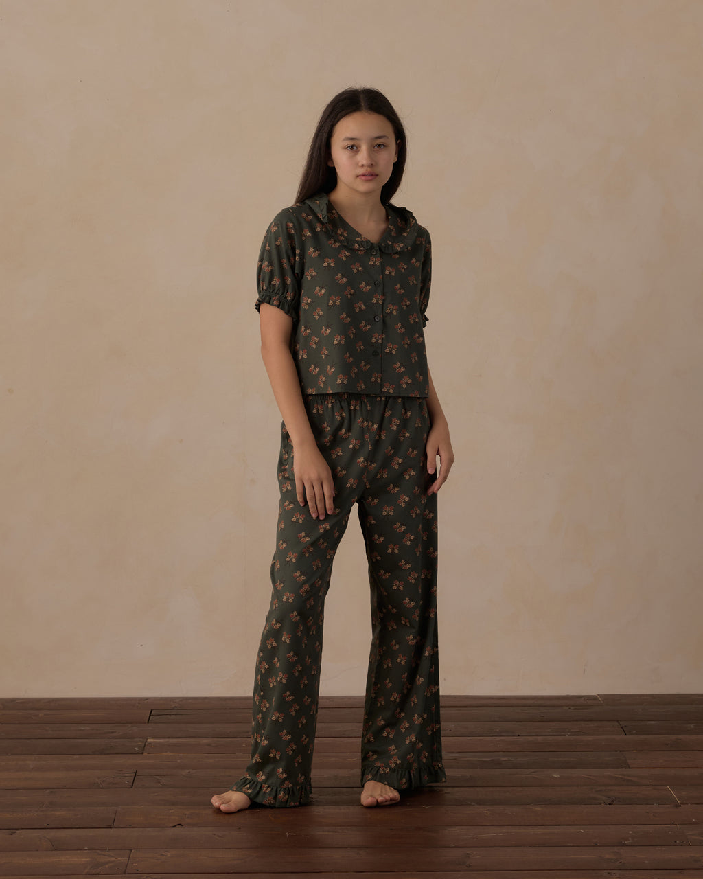 teen ruffle pajamas in evergreen bouquet