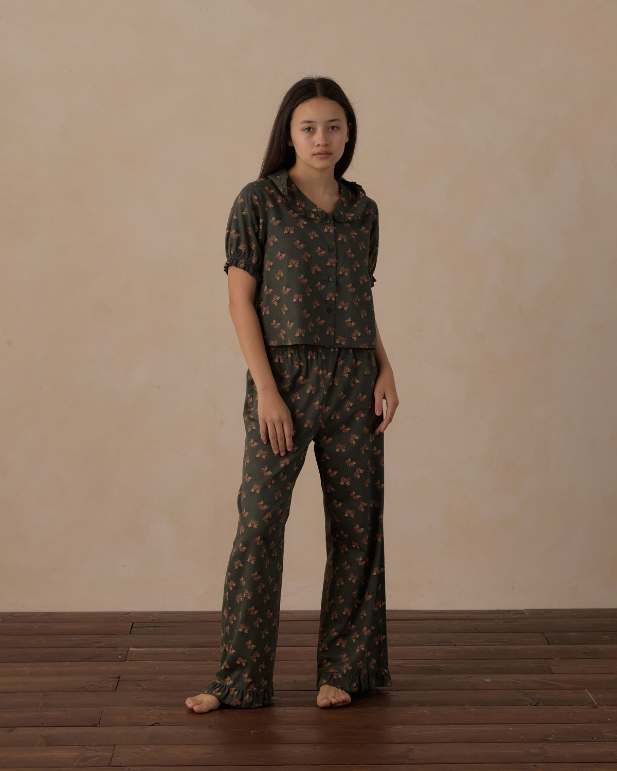 teen ruffle pajamas in evergreen bouquet