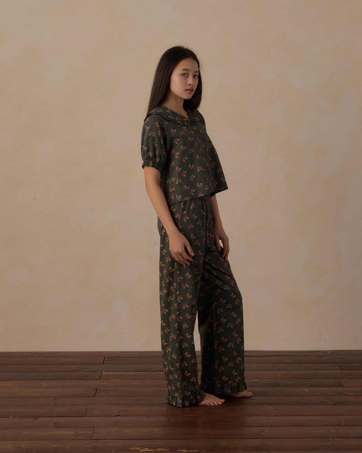teen ruffle pajamas in evergreen bouquet