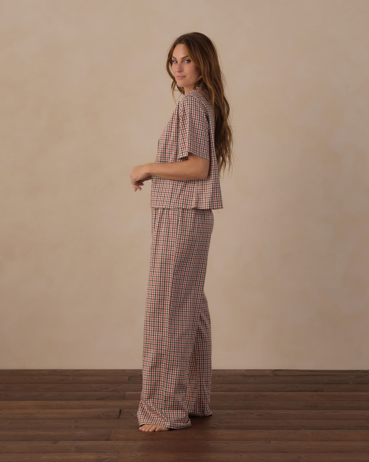 women's woven pajama set in holiday gingham