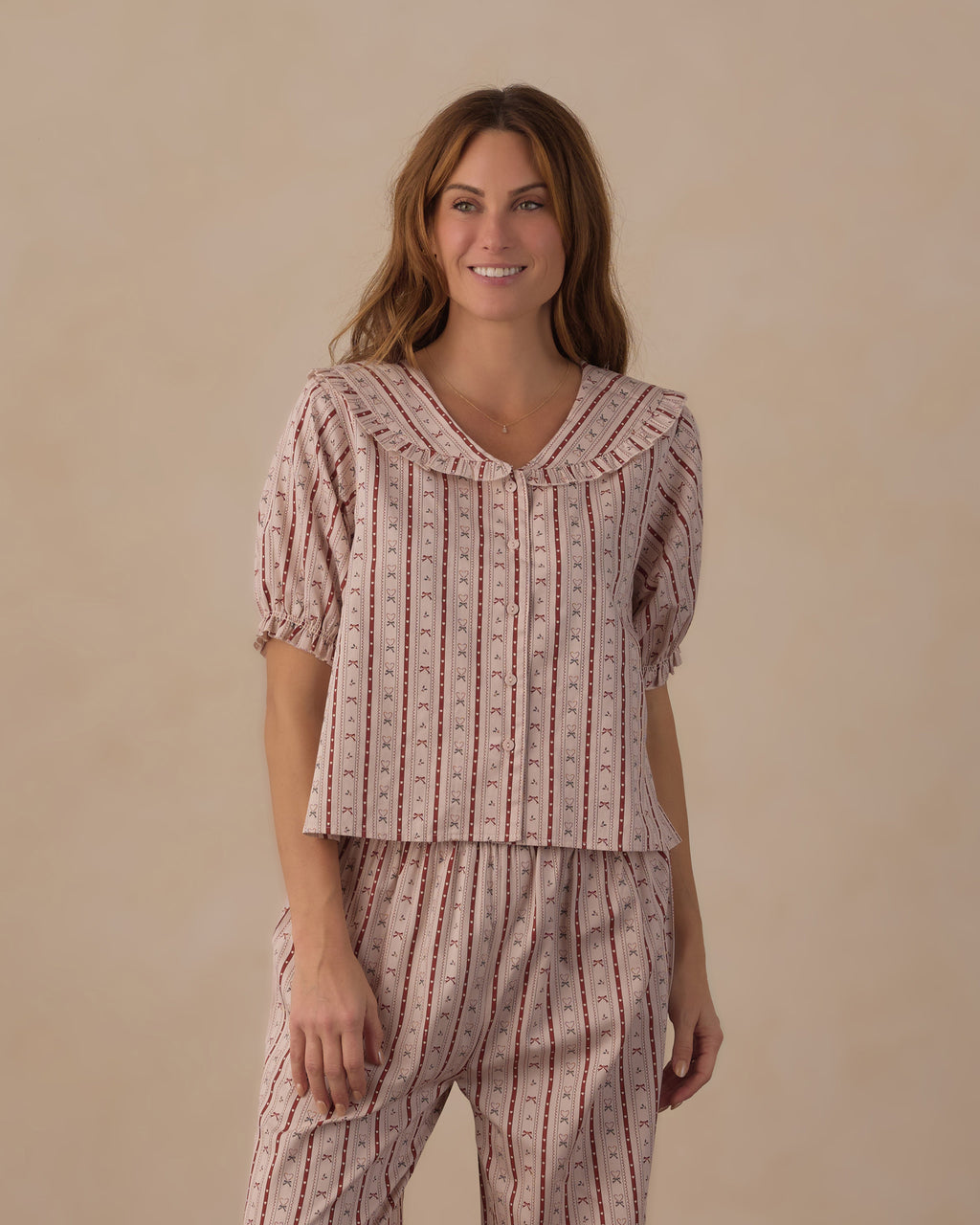 women's ruffle pajama set in candy cane lane