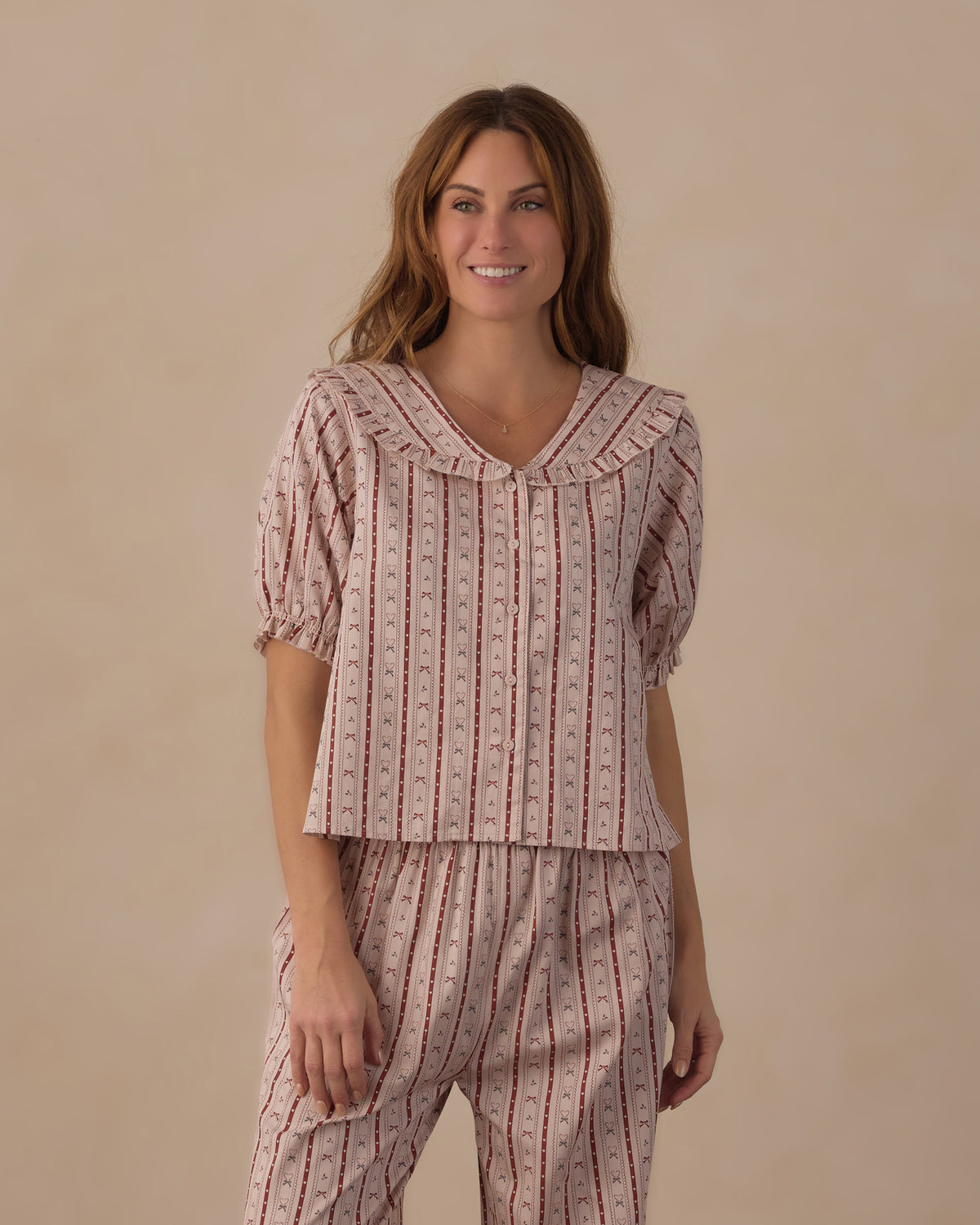 women's ruffle pajama set in candy cane lane
