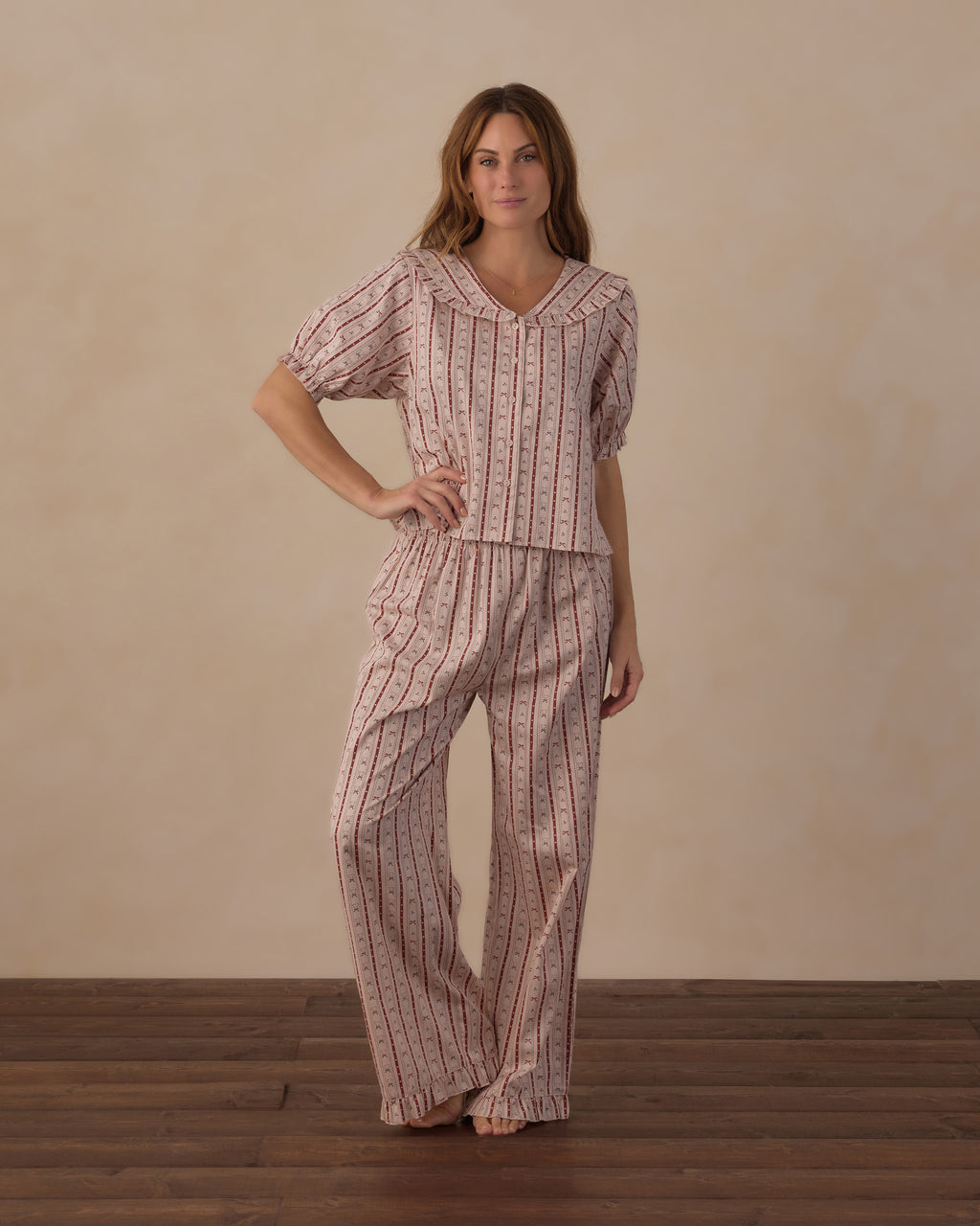 women's ruffle pajama set in candy cane lane