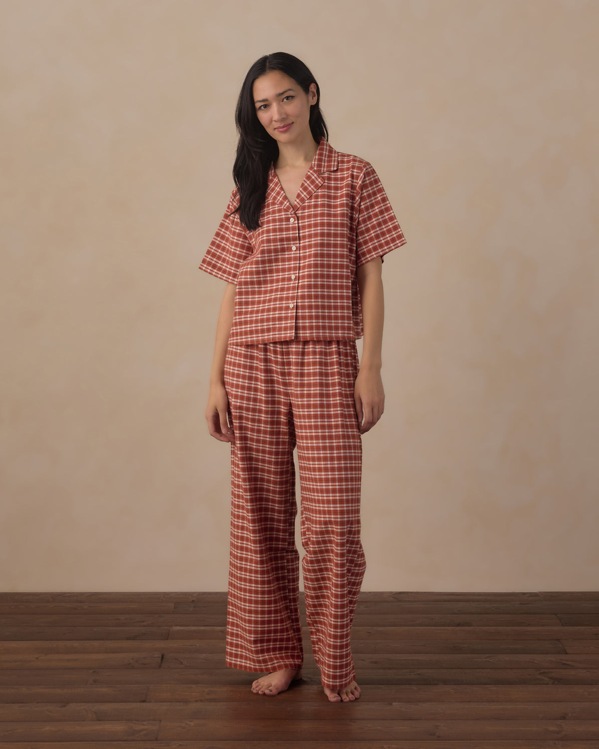 women's woven pajama set in ruby plaid