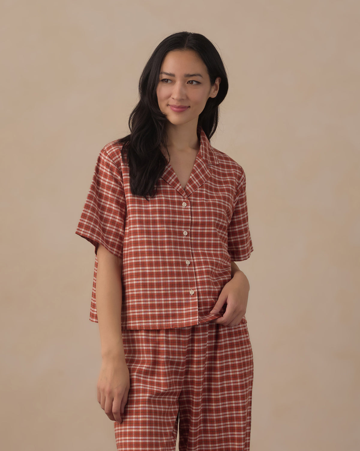 women's woven pajama set in ruby plaid