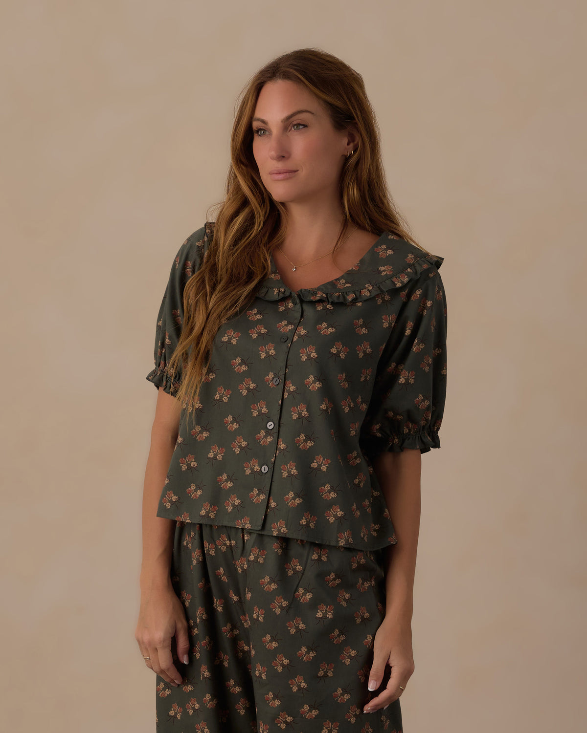 women's ruffle pajamas in evergreen bouquet