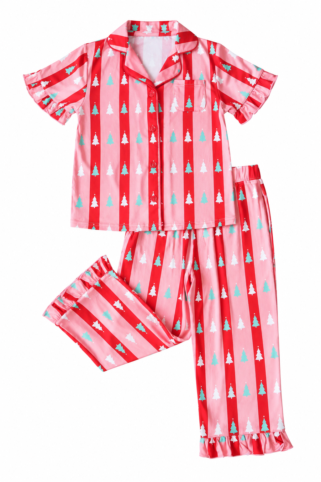 ruffle pajama pant set in red & pink tree stripes