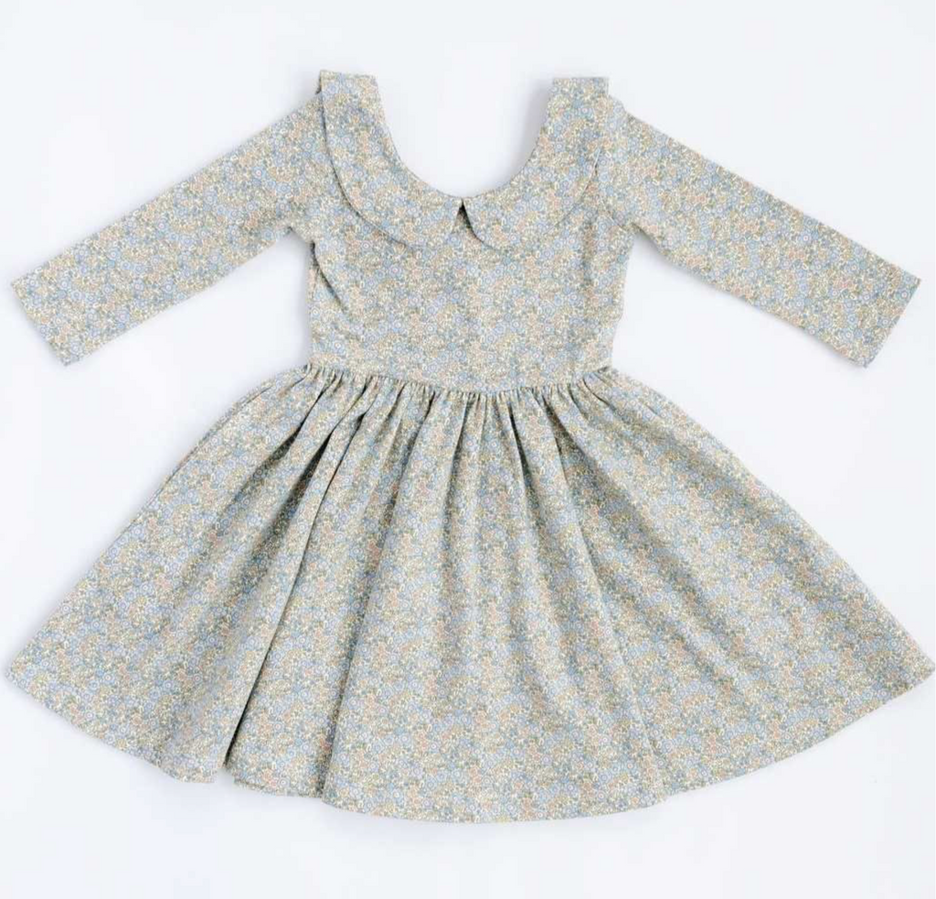 3/4 Sleeve Twirl Dress in Blue Watercolor Floral
