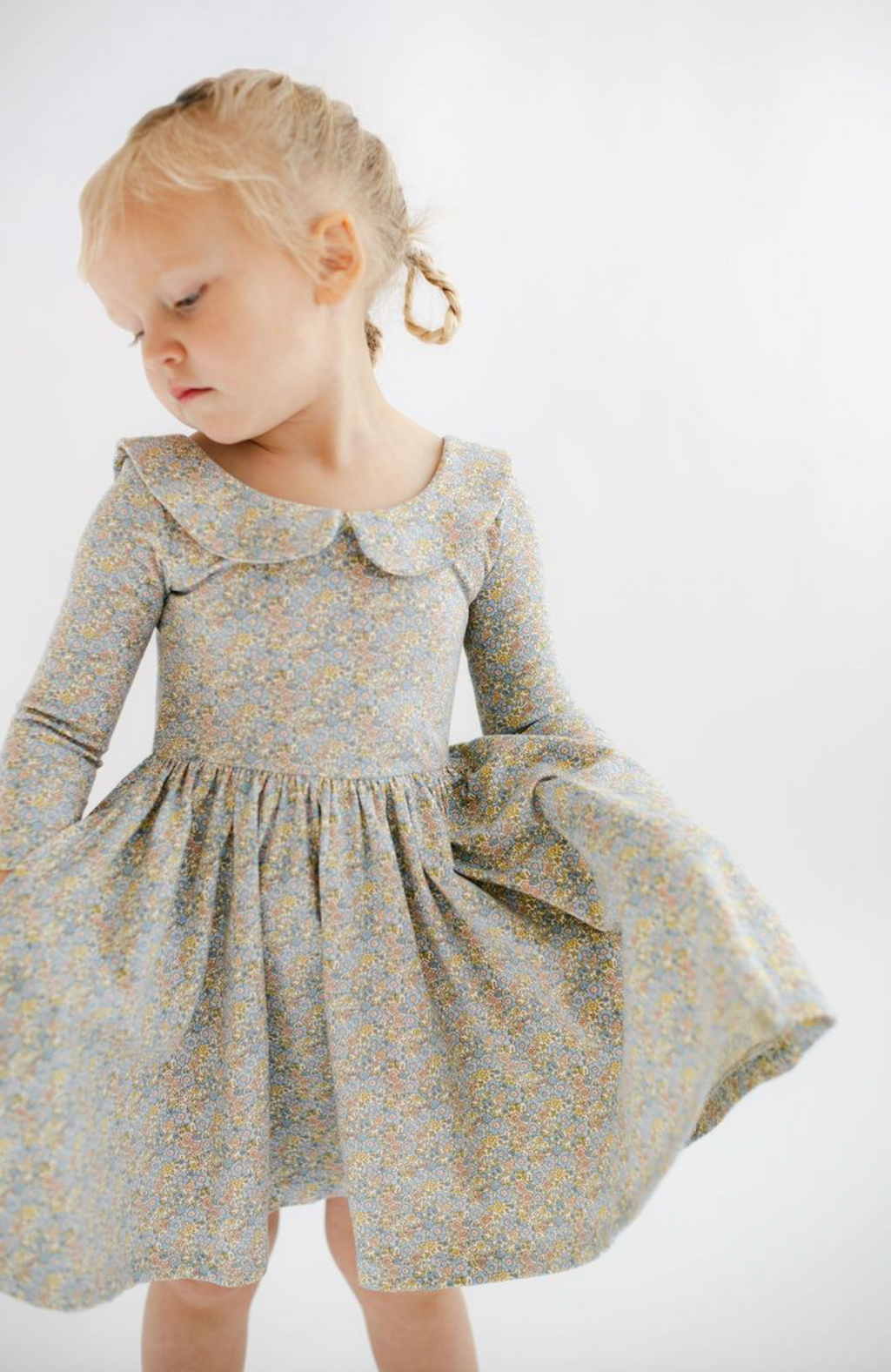 3/4 Sleeve Twirl Dress in Blue Watercolor Floral