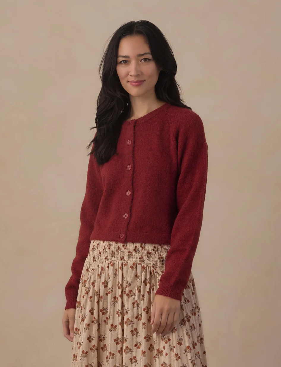 womens fuzzy cardigan in ruby