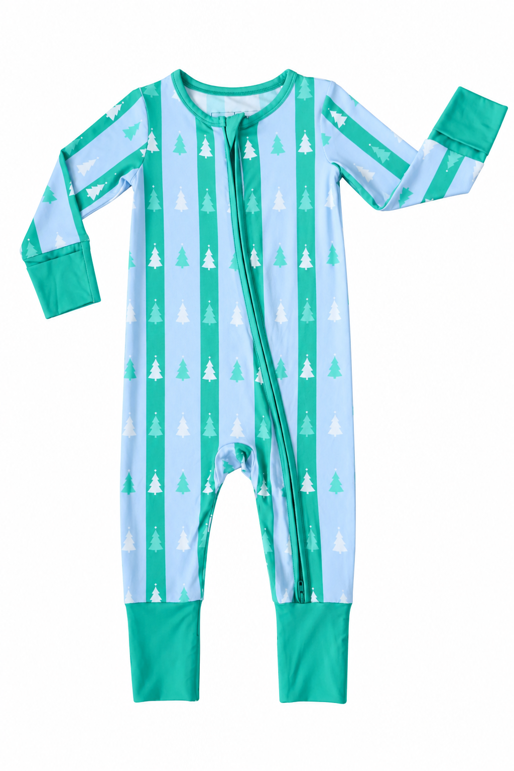 zipper bamboo pajamas in blue + green tree stripes