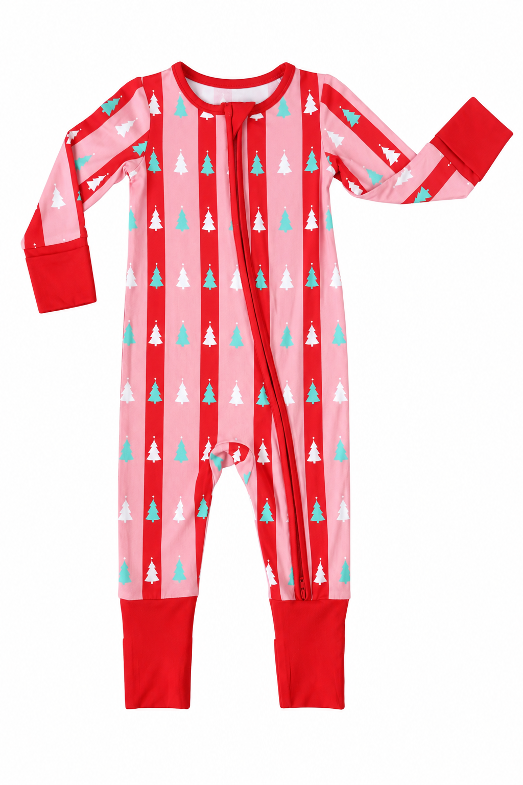Zipper Bamboo Pajamas in red + pink tree stripes