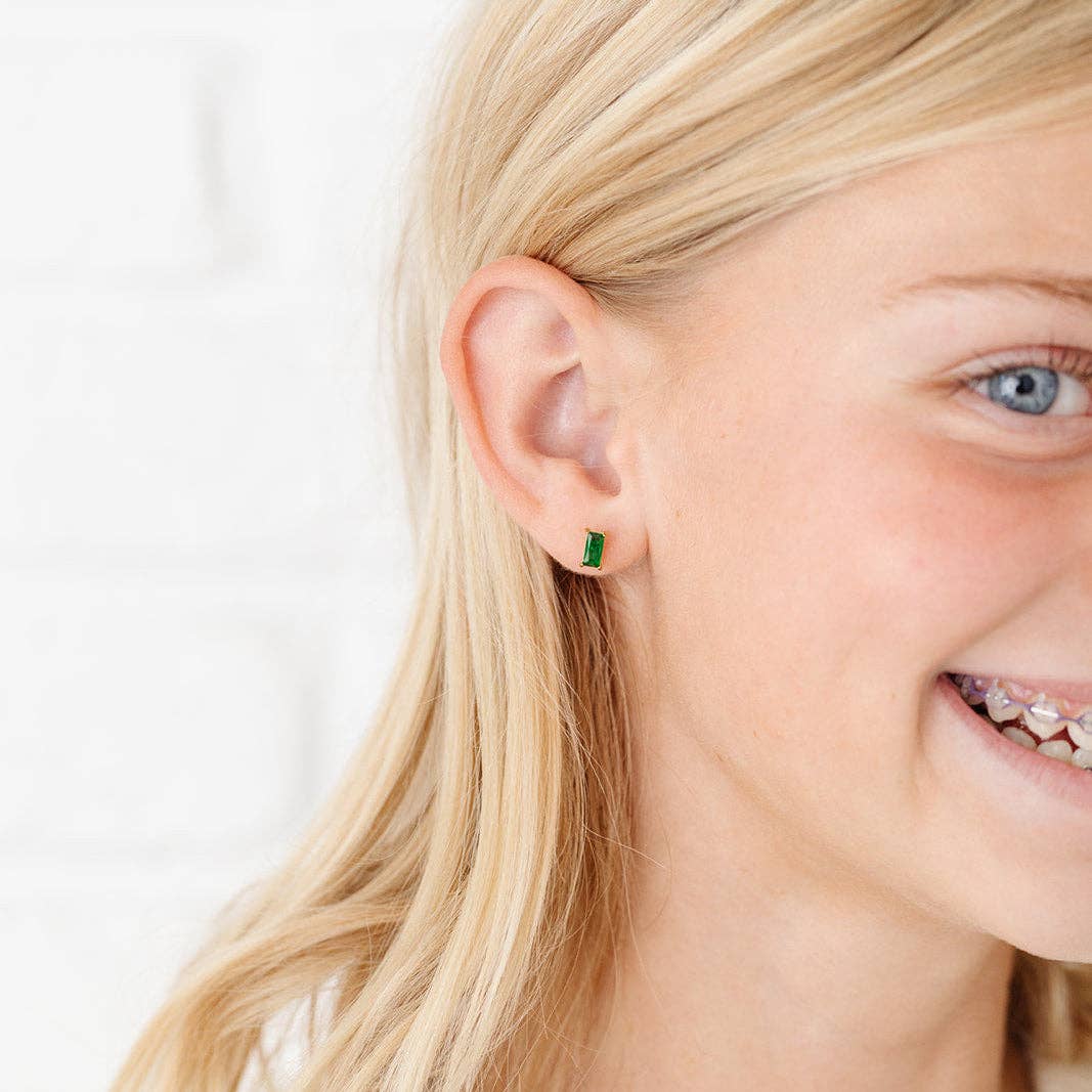 Emerald Baguette Stud Earrings - Hypoallergenic, Flat Back: Pair